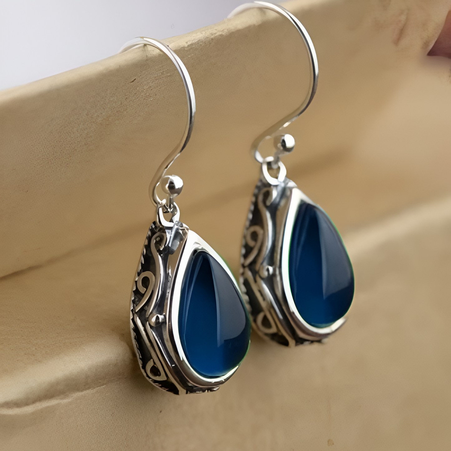 Vintage Blue Teardrop Silver Earrings