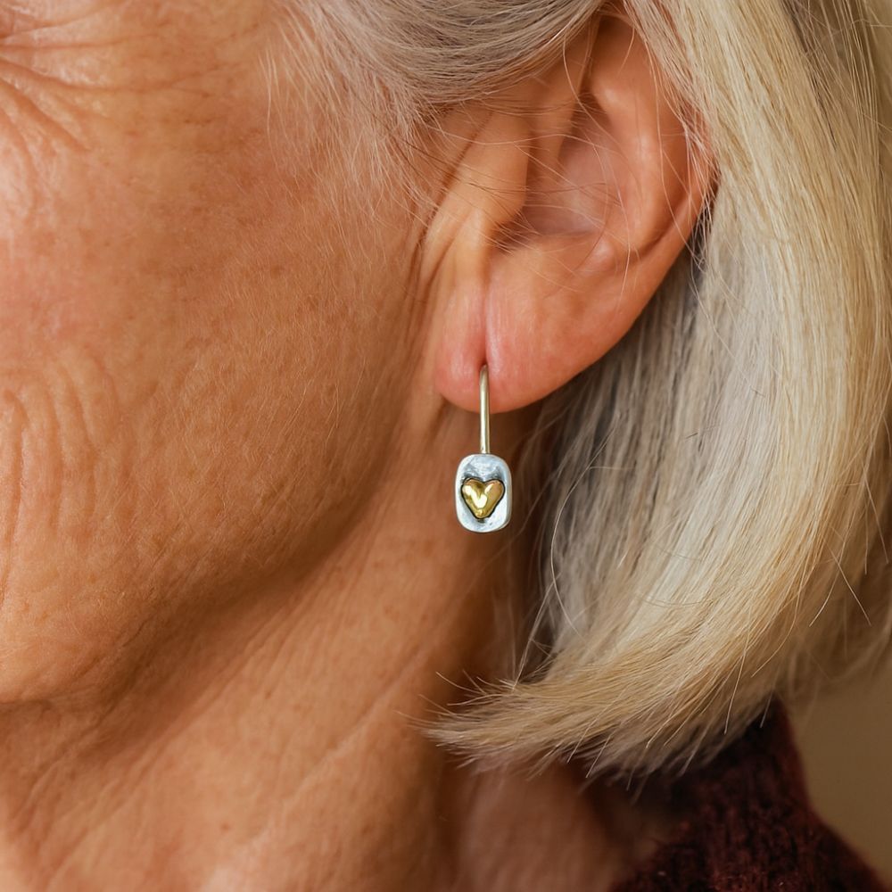 Golden Heart Earrings in Vintage Silver
