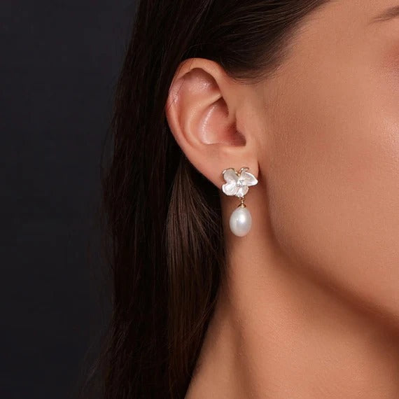 Purple Flower & Pearl Earrings