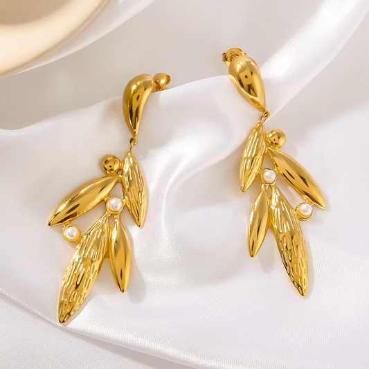 Vintage Golden Leaf Pearl Earrings