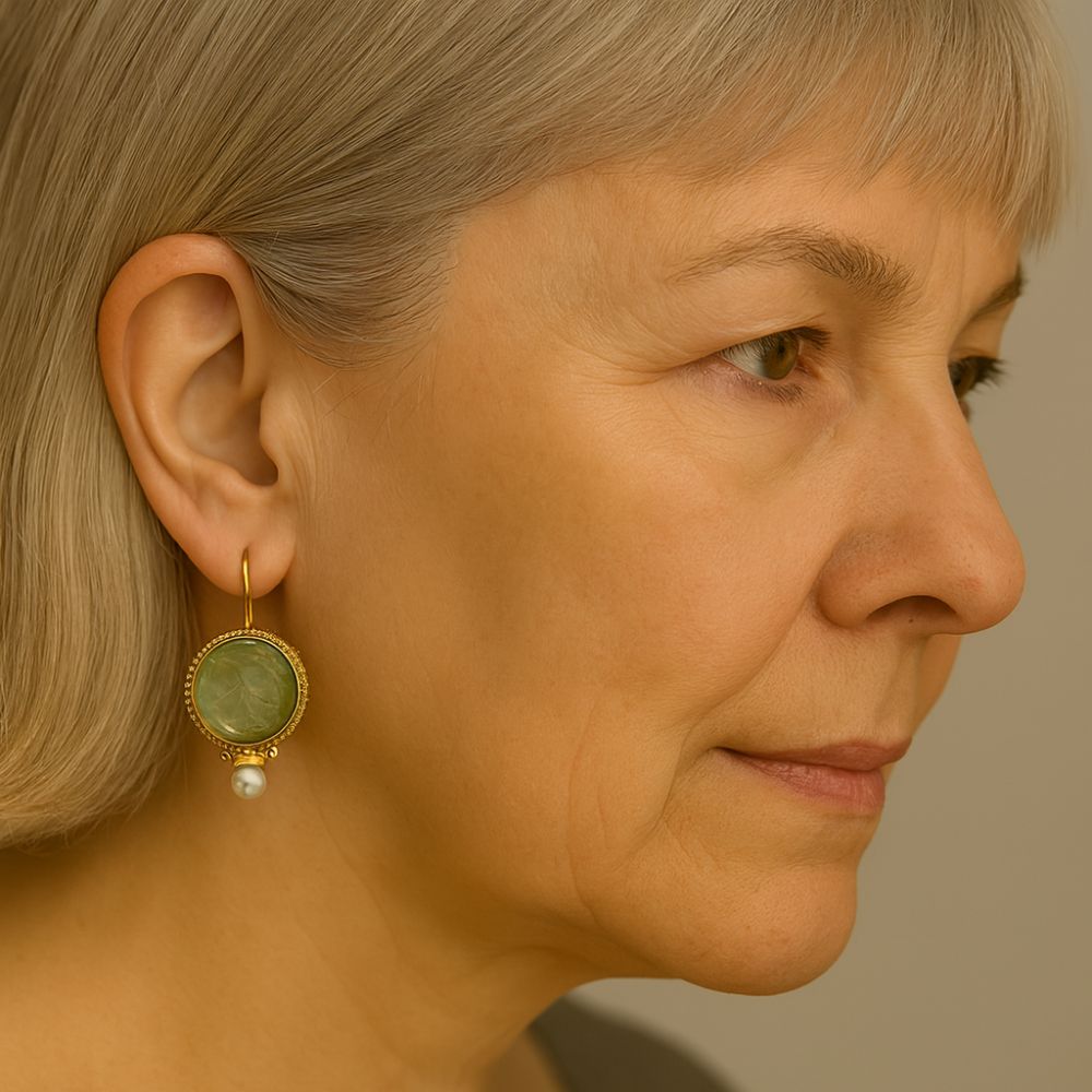 Vintage Rounded Green Stone Pearl Earrings