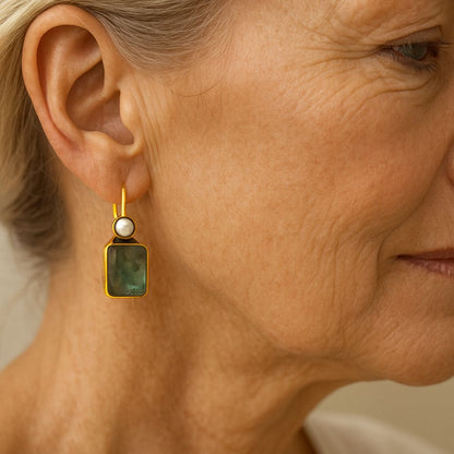 Vintage Green Stone Inlaid Pearl Earrings