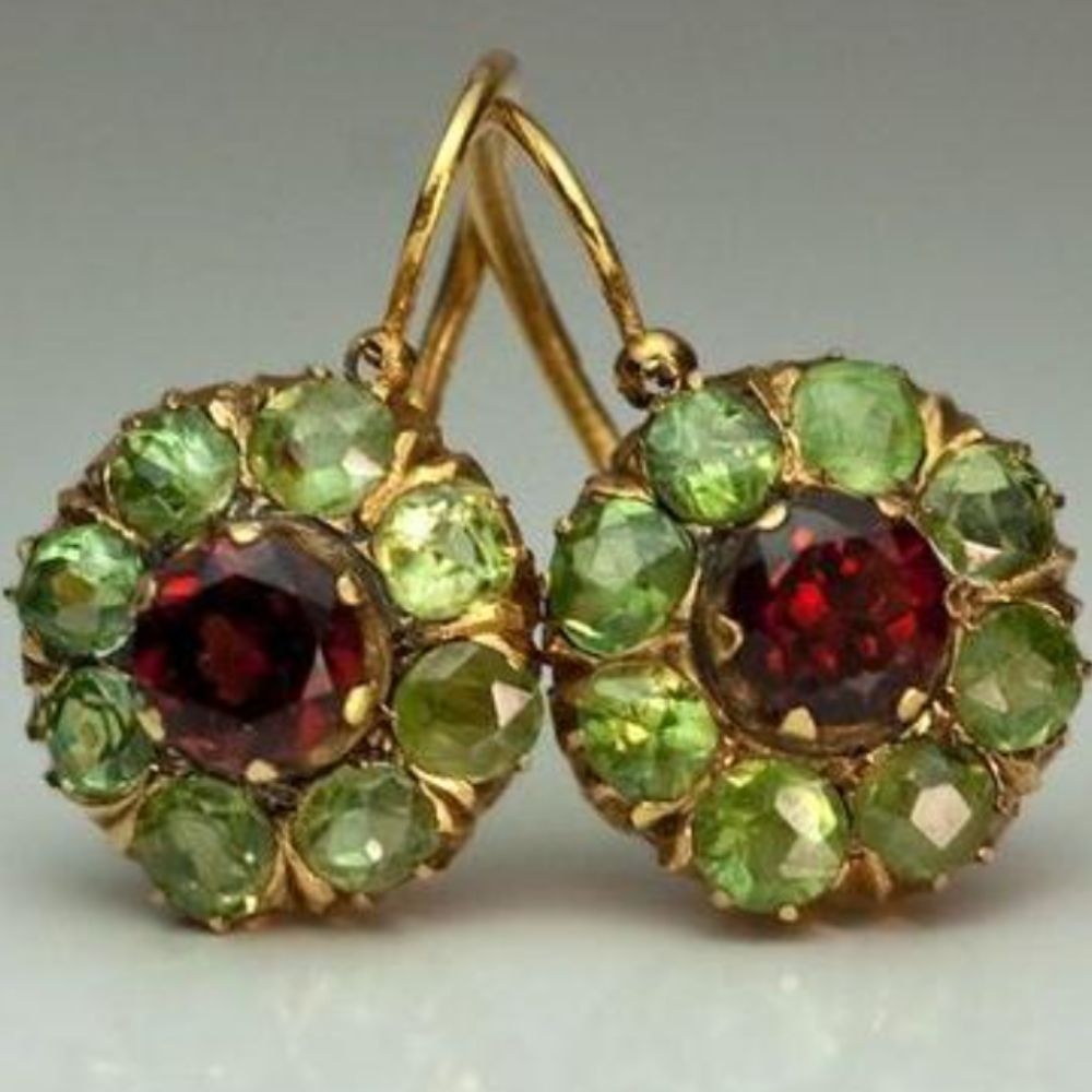 Vintage Rounded Green & Red Crystal Earrings
